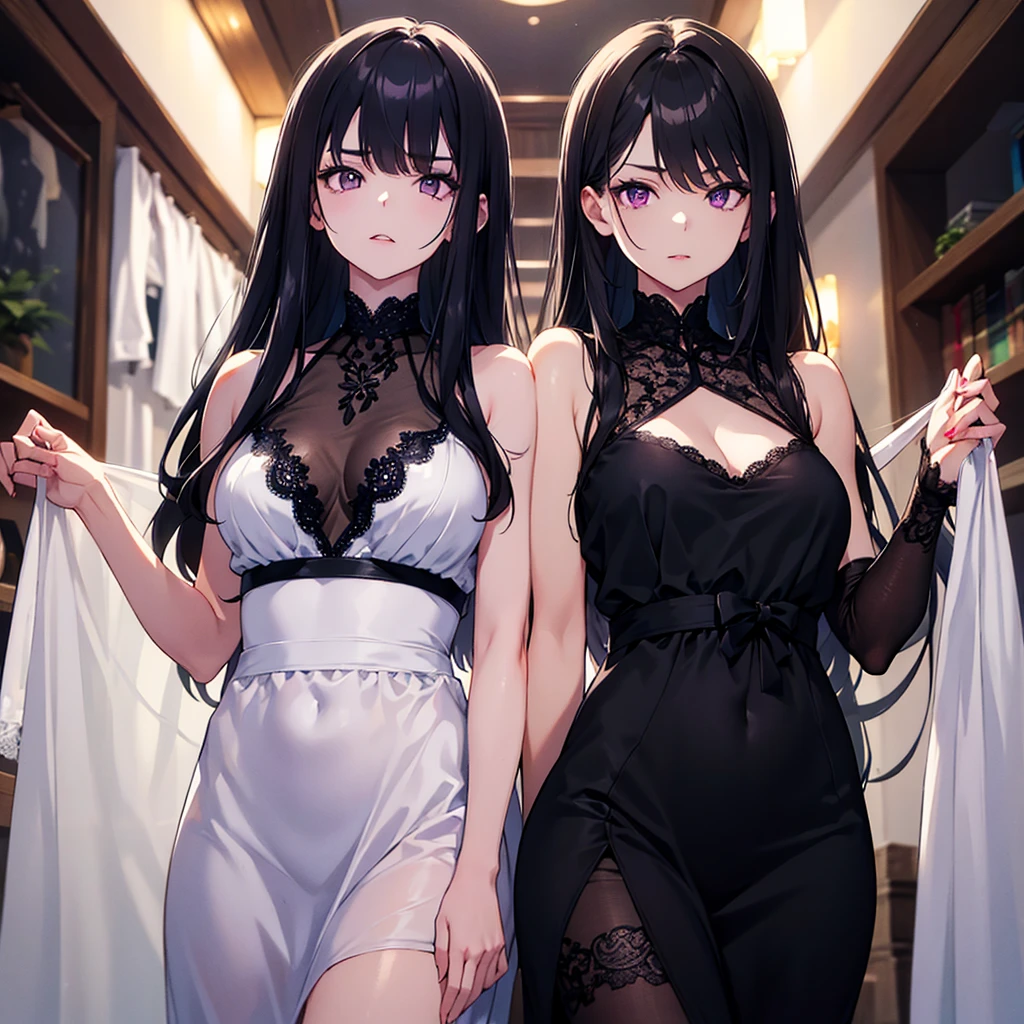 Rivertsukatsuki, River, black hair, (red eyes:1.5), hair ornament, hairclip, Halation, long hair,
、Extremely large breasts(7200)、、I can see your chest、Nipples are visible、Off-the-shoulder maid uniform、Black frill mini dress、Front facing、