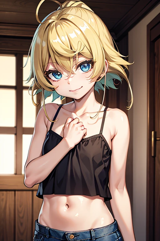 masterpiece, highest quality, highest quality, Super detailed, alone, Detailed face, Himiko toga, , Blonde, Smiling with teeth showing, psycho 笑face, Guess face, Anime Style, Laughter, Seductive posture, Medium chest, Cowboy Shot, Are standing, Blurred background, Undressing, Change of clothes, Open shirt, Shirtless, Red Bra, Red panties, window, Medium chest, Mouth closed, sunlight, Backlight, whole body