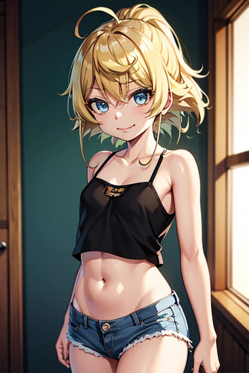 (highest quality, High resolution, perfect pixel, Depth of bounds written, 4K), upper body, (chair), (looking down), (detailed eyes), (1 lady), tall, (skinny body:1.2), (thin thighs:1.2), (Narrow hips:1.2), (black tube tops:1.2), bellybutton, sleeveless, middle breasts, (blond hair), (ponytail:1.2), (standing:1.2), (denim skirt:1.2), panty strap, (hands on hips:1.2), contrapposto, (seductive smile),