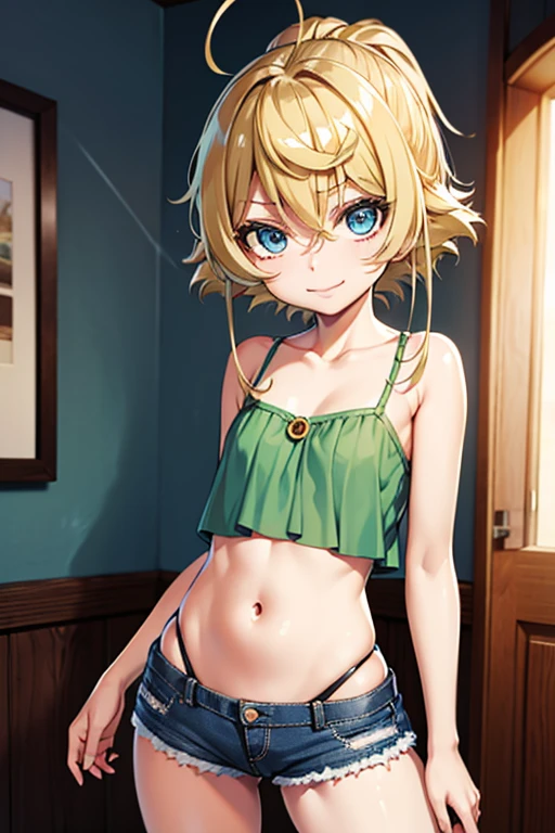 (masterpiece, best quality:1.1), (fsc_art:1.08), 1girl, solo, yellow hair, medium hair, stretching, arm out, breasts, black eyes