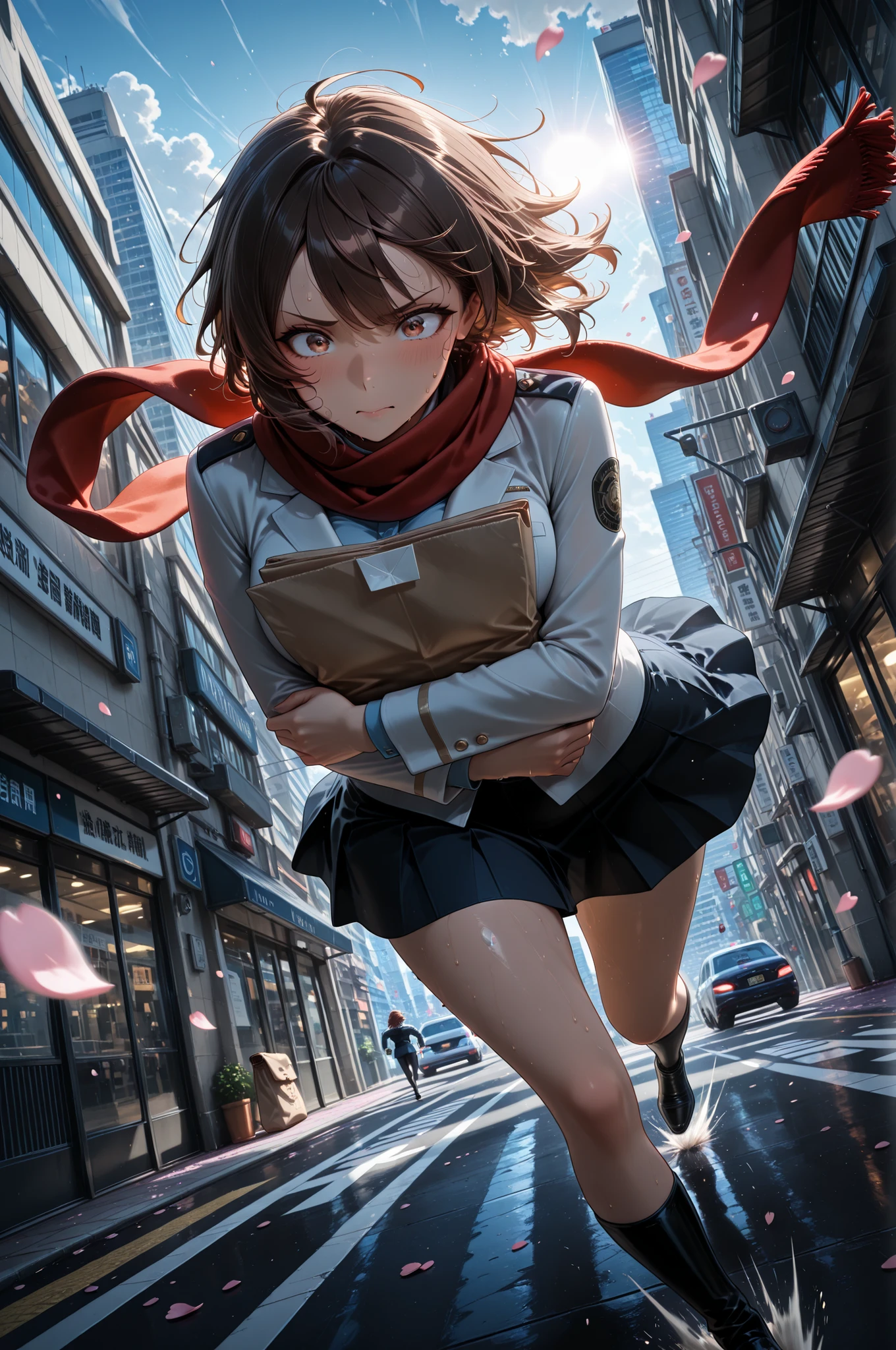 top quality, masterpiece, super high resolution, one young female post office worker, blue and white uniform, red scarf, mail bag, Scattered letters, short brown hair fluttering in the wind, panicked expression, Big sweat drips, running at full speed, Motion Blur Effects, speedline, cityscape background blurry, Morning City, Cherry Blossom Petals Soaring, uniform skirt fluttering in the wind, desperately hugged delivery, funny expression, dynamic on the background, dynamic on the backgroundアングル, Action Effects , addition, feeling fast, morning sun, bustle of the city