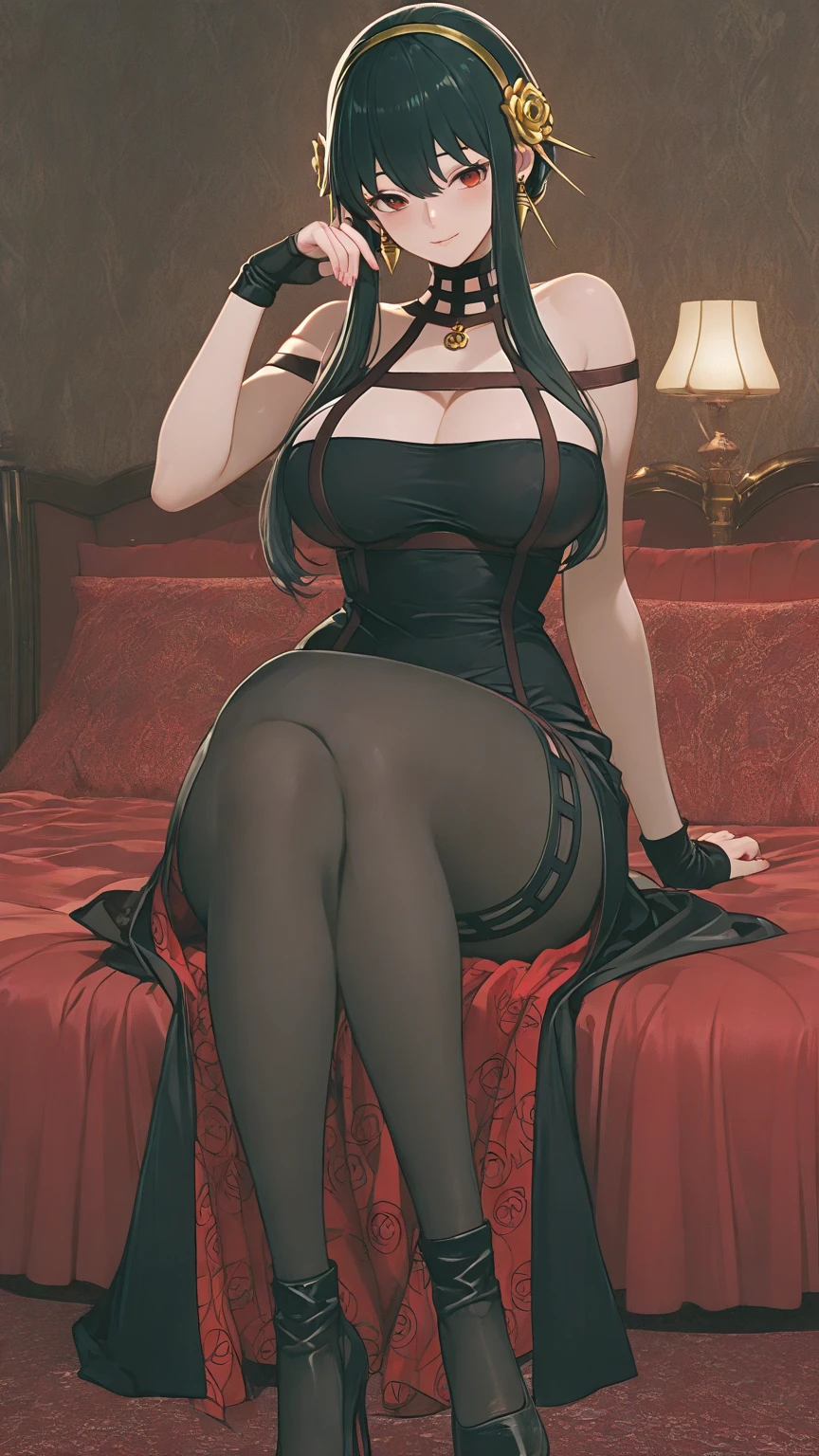 masterpiece,(bestquality),highlydetailed,ultra-detailed, dark, (beautifulpose), (longhair), (seductive:1.2), (stockings), (thighhighstockings), (blacklace), (lingerie), (highheels), (sultryexpression), (elegant), (mysterious), (intenseeyes), (sheeroutfit), (shadowplay),(redlipstick), (glamorous:1.5), (dramaticlighting), (sensual), (smokyeyes), (intriguing), (enigmatic), (lusciouslips)