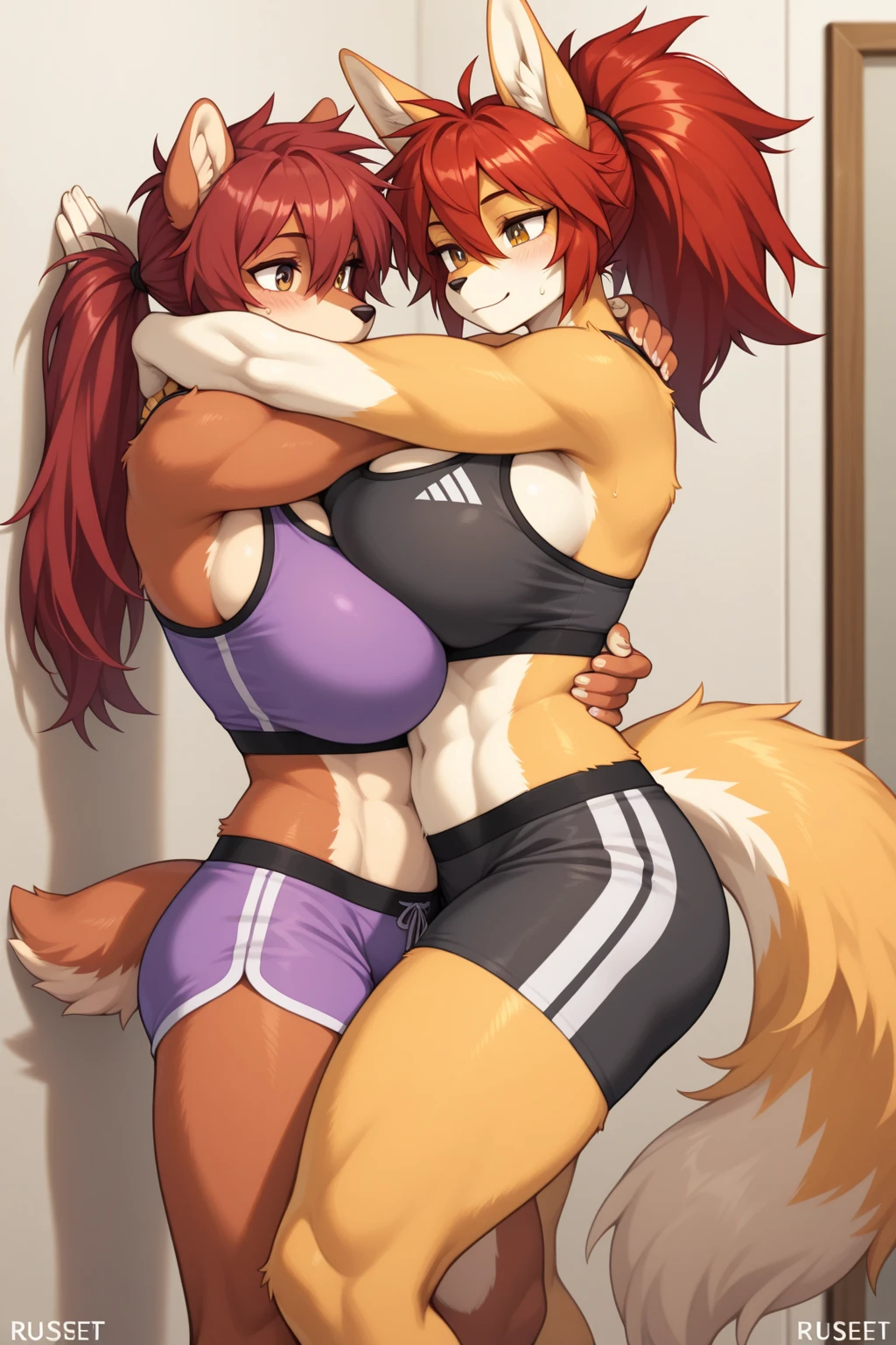 4k highly detailed realistic digital extremely high quality drawing, masterpiece, (by cutesexyrobutts), (uploaded on e621), (a full-body portrait of two anthro fox girls), ((making out in a gym)), ((wearing a sexy sports bra and tight yoga pants)), (beautiful and detailed eyes:1.1), (thick black lips), (ponytail hair), detailed fur, wet fur, sweating, seductive, sexy, voluptuous, curvy body, hourglass figure, large breasts, muscles, cinematic lighting, (f1.8 short focus bokeh)