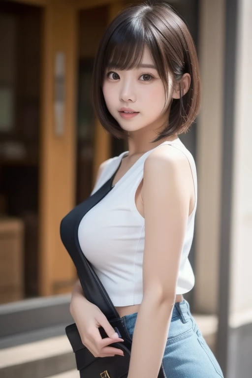 (1 Ultimate Beauty), Very detailedな顔, Beautiful brown eyes, double eyelid, Slightly thick detailed lip, Short black hair, Attractive and sexy, 48 years old, (Tank top, Tight jeans shorts:1.2), Big Breasts, Earrings, (night、Sitting on a bench on a public road), (From head to the hem of the skirt) ,8k, RAW Photos, Highest quality, masterpiece,Highest quality, Perfect lighting, (Realistic:1.4), (Very detailed), (Highest quality), (Best Shadow), (masterpiece), Ultra-high resolution