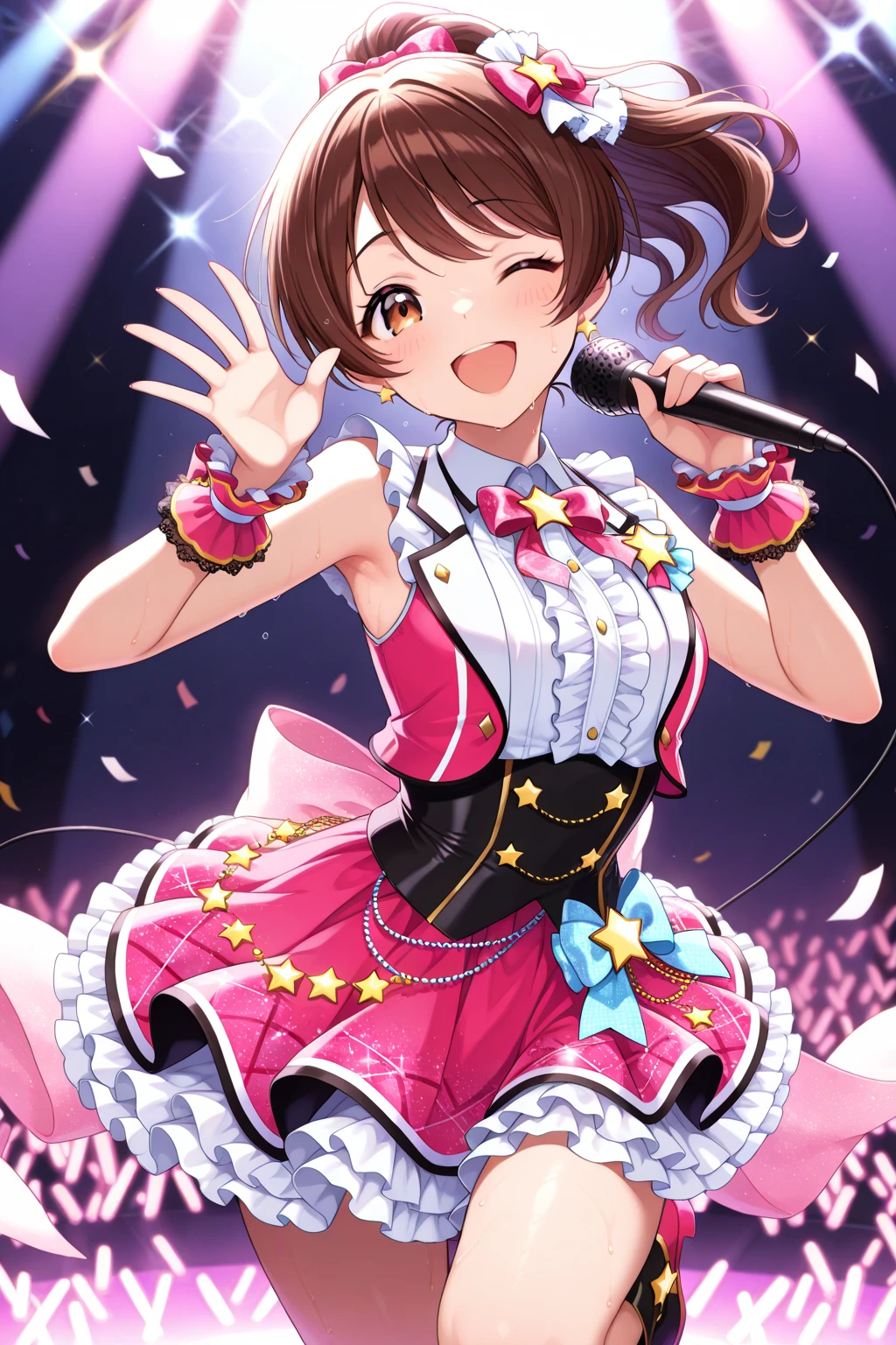 masterpiece, best quality, 1girl, solo, higuchi madoka, brown hair, mole under eye, hair ornament, hairclip, short hair, bangs, purple eyes, <lora:higuchi_madoka_V10:0.6>, cowboy shot, idol, idol dress, thighhighs, smile, on the stage