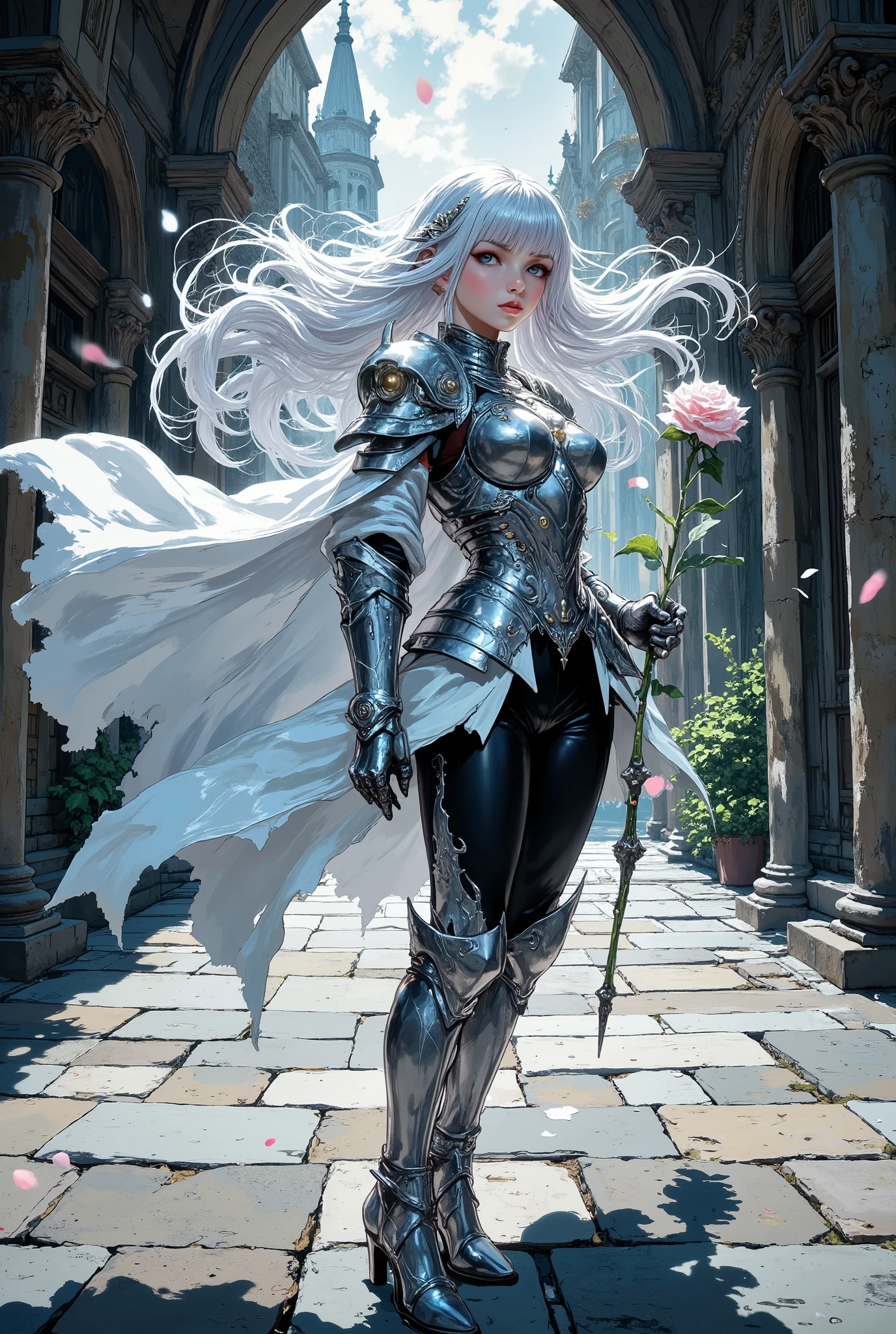 VibrantlySharp style, animeniji, 3pic_vist4, ultra-HD, cinematic lighting, photorealistic, impressionism (1.4), high detail, depth of field, (motion blur), (dramatic wind effects), (dynamic pose), masterpiece, best quality, (1girl, human, very long flowing white hair, silver eyes, blunt bangs past eyebrows, elegant face, beautiful hyper-detailed anime face, hourglass figure, stainless silver armor, white capelet billowing in the wind, breastplate, shoulder armor, gauntlets, faulds, waist cape swirling dynamically, black trousers, greaves, high-heel boots), ultra-detailed, outdoors, cathedral courtyard, petals swirling in the air, holding a gleaming silver rose (hyper-detailed, metallic, thorned stem), (radiant holy light illuminating the scene), close-up shot with dramatic perspective, (HDR, 8K, masterpiece, best quality, ultra-detailed, absurdres, cinematic atmosphere, breathtaking composition)