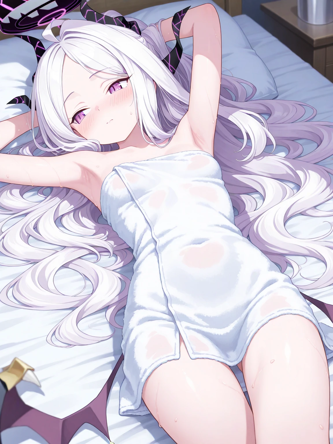 (Highest quality), (High resolution), (masterpiece), (Very detailed), Shiro \(no game No life\),Long Hair,Multicolored Hair,Hair between the eyes,Gradient Hair,Flat Chest,, Blue Archive Art Style, One Girl, Silky skin, Shiny skin, blush, desire, Heart pupil, Heavy breathing,( Thin camisole), Front view, (Dark Saturation), Love juice drips, Underwear is see-through, In bed at night, Dark Room, Sexy pose, To seduce, Delighted, Sleep on your back, Raise your arms, Show the whole body