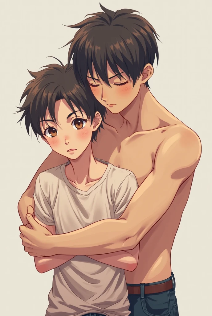 Father and son. white fundoshi loincloth!!!Wearing white Japanese thongs , smile, short hair, black hair, navel, sitting, fundoshi loincloth!!!, male focus, thighs, japanese clothes, multiple boys, dark skin,