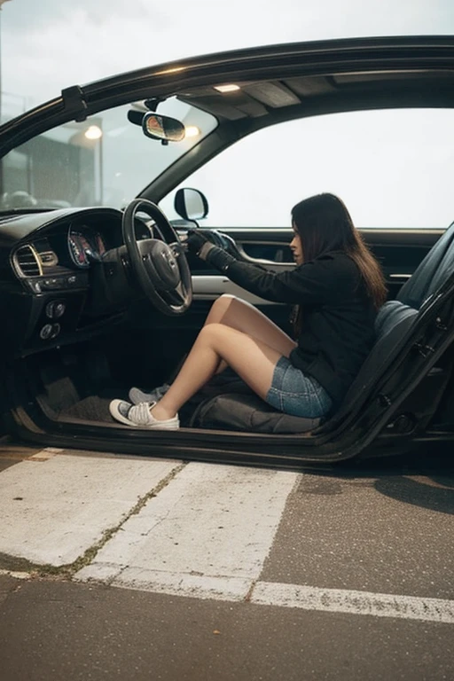 full body shot, entire body in frame, punk rock style girl with closed eyes sleeping wearing shorts is sleeping inside a car theres a windown next to her with raindrops, night light cinematic, SHE IS INSIDE THE CAR SLEEPING