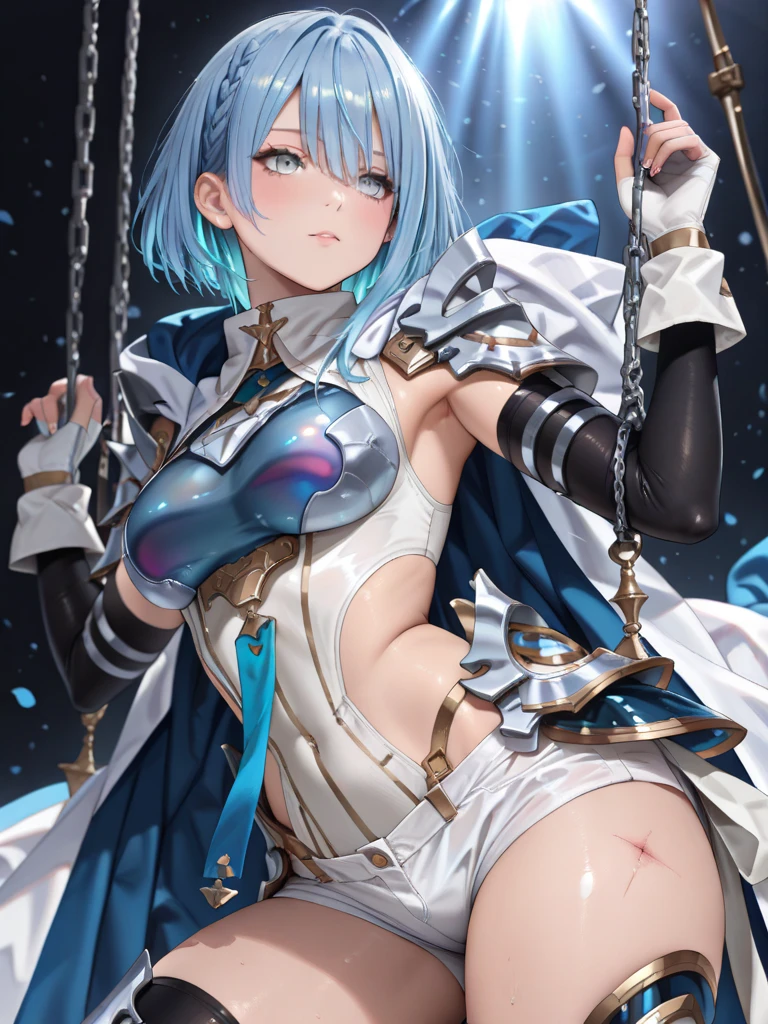 （（（Highest品質、masterpiece、Normal body、8k、Detailed face、Ultra-precision、Normal hand、Normal finger、５This finger、Highest）））、Silver Hair、Bobcut、beautiful girl、Small breasts、slender、smart、A face that retains its youthfulness、Transparent swimsuit、白のうっすら透けたTransparent swimsuit、Bite、Crisp body lines、Cape、破れたTransparent swimsuit、引き裂かれたTransparent swimsuit、ボロボロのTransparent swimsuit、Chain、Chain in the crotch、Chain at the crotch、Chain to pussy、Chain to the uterus、Chain to the vagina、ChainBondage、first round、Collar、first roundにLongChain、Chained in a chain、ChainBIND、Chains entangle the body、Both hands are tied behind her back、Embarrassed、shame、blush、Ahegao、Face、Infatuated、Trance、Offer the Chain to your master、Obedience to your master、On all fours