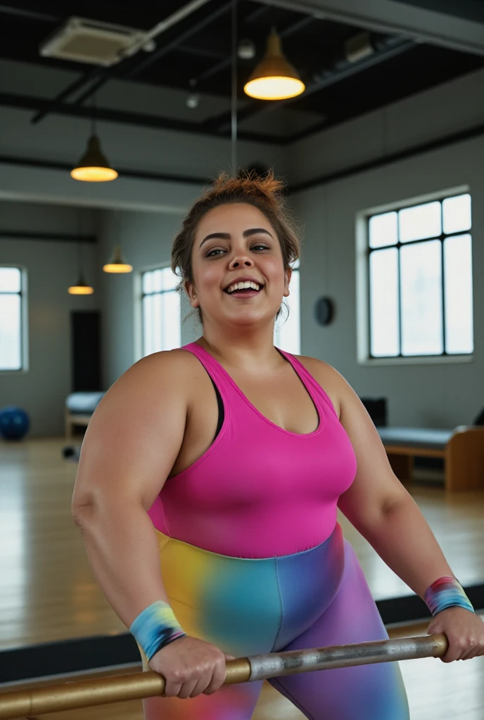 Uma mulher gorda, obesa,  Homem com excesso de peso, wearing sunglasses and headphones, dance enthusiastically in your living room.Your movements are free and expressive, demonstrating the freedom and pleasure of connecting with music.The image inspires us to break down barriers and celebrate individuality through dance.background symbolizing prayer, luz, cores, amor, IMAGEM ULTRA REALISTA Uma mulher gorda, obesa, Homem com excesso de peso, wearing sunglasses and headphones, dance enthusiastically in your living room. Your movements are free and expressive, demonstrating the freedom and pleasure of connecting with music. The image inspires us to break down barriers and celebrate individuality through dance. background symbolizing prayer, luz, cores e amor.--realistic style--high quality--no noise--no blur--depth of field--natural lighting-50mm lens--Canon EOS 5D Mark IV camera