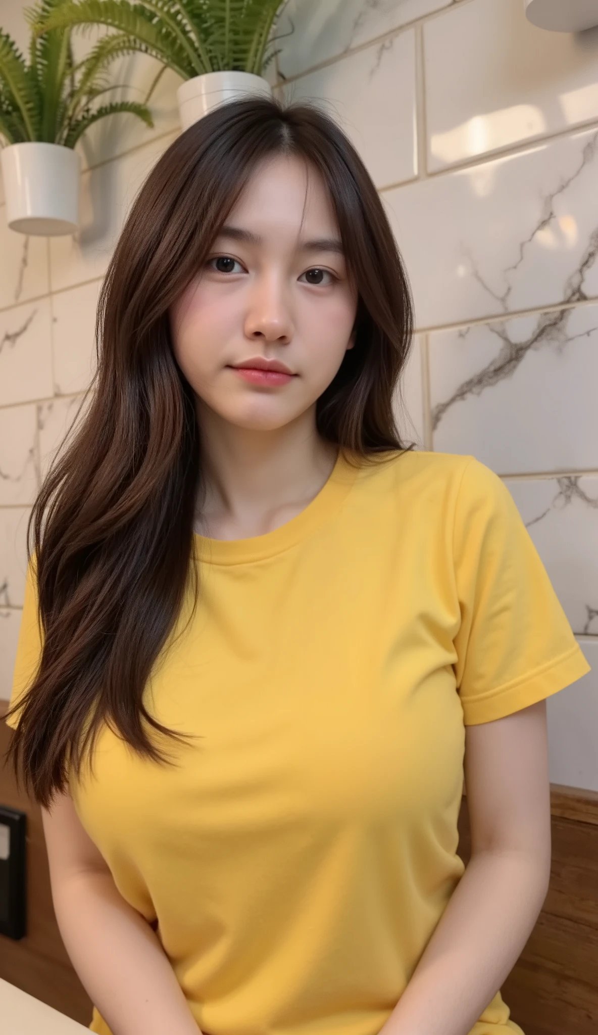Realistic teen girl Beautiful face Long hair Big breasts Attractive shape looking at camera 8K high definition sharp focus Very high detail like real photo, natural light, smooth skin
Sitting in a warm-toned cafe, the back wall is a clean white marble-patterned tile, decorated with fern plants in hanging pots.
She was wearing a bright yellow T-shirt.
The camera angle is slightly below the chest, visible from the head to the waist, the eyes look down at the camera while the head remains upright. The atmosphere is warm and stylish.