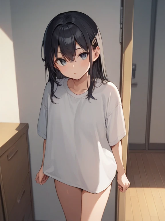 8k reaslistic, masterpiece, best quality, extremely detailed face, sharp details, perfect lighting,1girl, butterfly hair ornament, flat breast , <lora:kisakiBluearchive_kisakiBluearchive:0.3> dynamic pose, angey, indoor, sweaty, shirt, white shirt, oversized shirt, off shoulder, <lora:oversizedShirt_v10:1.2>