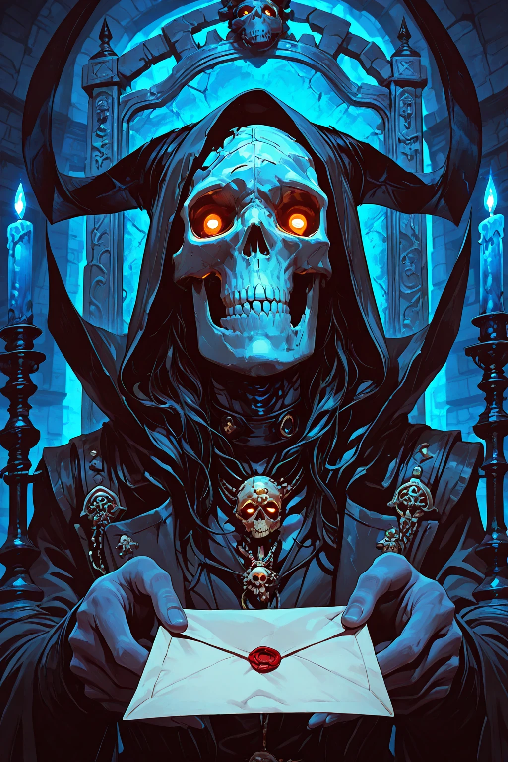 Blue-eyed skeletal skull wearing a black suit and black hat reading a book