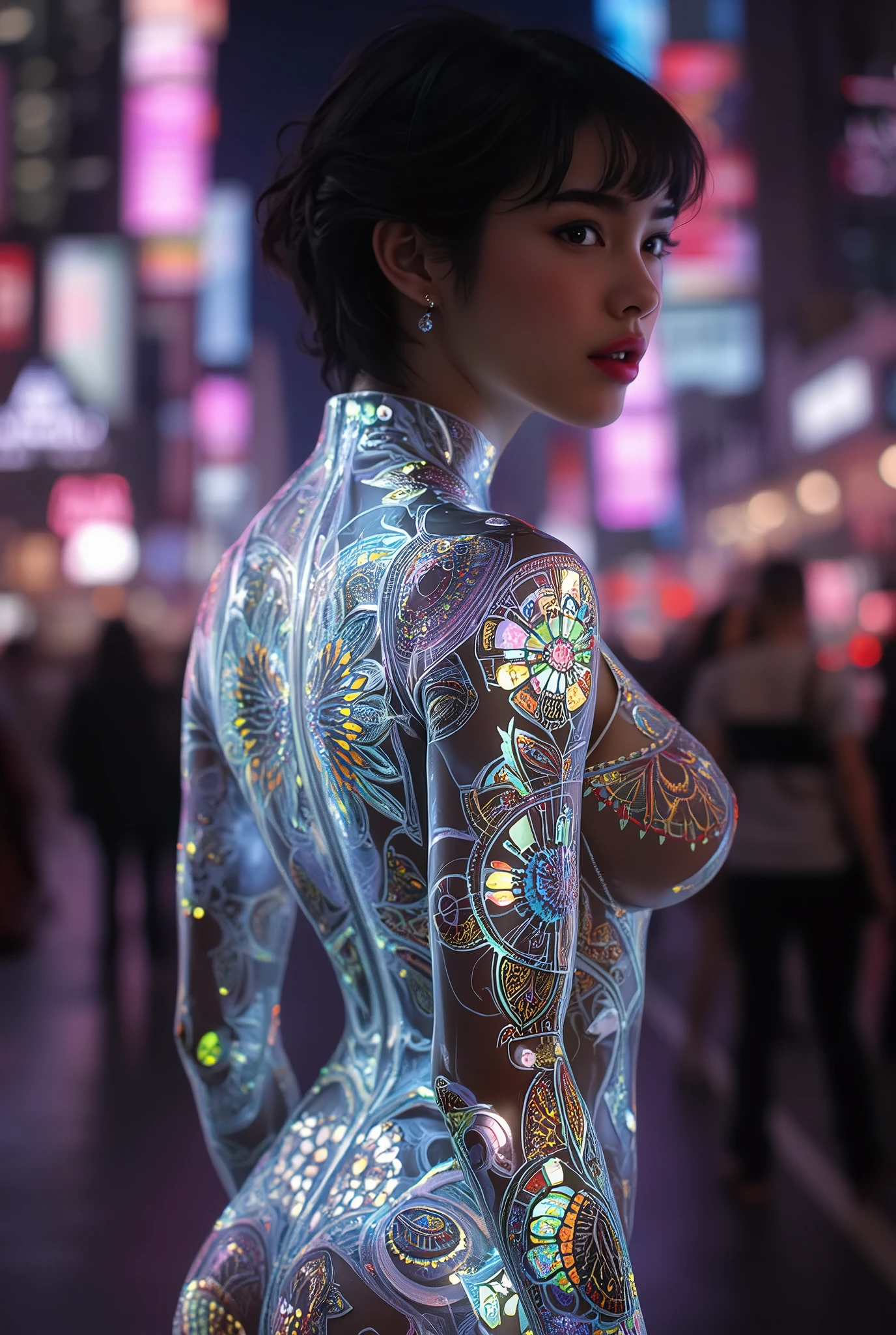(masterpiece, Highest quality), 8k,(((Very detailed))), Race:1.8,Super intricate Race pattern,colorful Race pattern,Stained glass transparent body, Mandala,light up,cold, 1 female, Open Back, 18 years old、Intelligent face, Photo of Lee Jae, tumbler, shin hanga, sultry body with セクシー belly, Sexy girl, Young sensual elegance, Sexy body, delicious, Sexy look, Very Short Hair、Night viewのきれいな港で撮影、Night view、 Intelligent face、Narrow waist、Large Breasts、drool coming out of the mouth、Smile a little、EOS 50mm F2, Blur the background、Photographed from the front、Lighting the face、whole body、