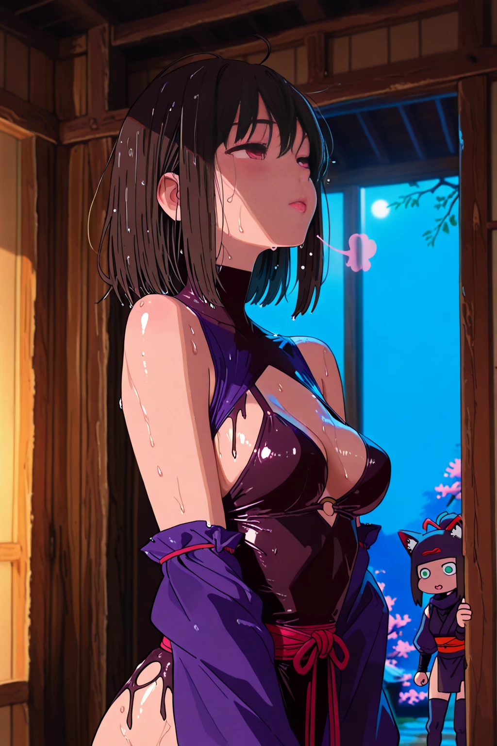 Shinobu kochou, erotic smile, blush, horny, black hair with purple tips, kimetsu no yaiba, purple eyes, butterfly hair ornament, onsen background a hot steam with hot water, she is completely nude exposing her breasts, and wet body, anime-style with line drawing based on anime, masterpiece with ultra-detailed skin, rendered in high resolution (4K, UHD, HDR, or 8K), featuring subdued yet vivid colors. The lighting should be professional, casting realistic shadows. Pay close attention to the details of the lips, eyes, and body. Additionally, include reflections and bokeh effects for a perfect composition
