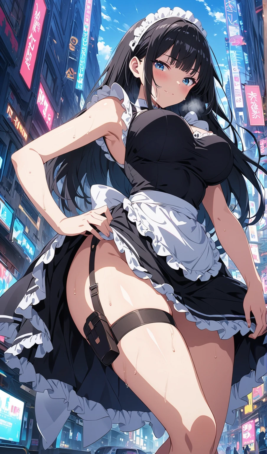 (abssurd res:1.2),(perfect lighting:1.2),beautiful girl,blush,city,
(legs pread:1.3),black lace panty,wet skin,(from below:1.2),
<lora:privaty-nikke-richy-v2:0.7> privatymaid, twintails, very long hair, cat ears, maid headdress, hairclip, huge breasts, neck bell, bow, maid apron, white gloves, elbow gloves, garter straps, white thighhighs