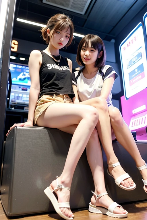 2girls, 16 K, Best Quality, 超A high resolution, Tennis Wear, Train interior, Sitting, Full body, Legs, thighs thighs thighs thighs, (Panties:1.2), Skirt lift, lifted by self, look looking at viewer, Seductive smile, Black Short Bob Hair, BREAK,Blonde long hair, JK train opposite ,Realistic, Lips, Slender thighs, Slender legs,
Open knees
