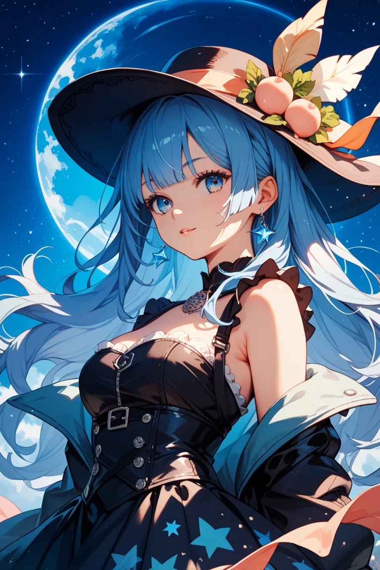 (masterpiece:1.2, best quality), 1lady, solo, (Witch), skyblue hair, night, star, moon, dark cloud, dark, fullbody