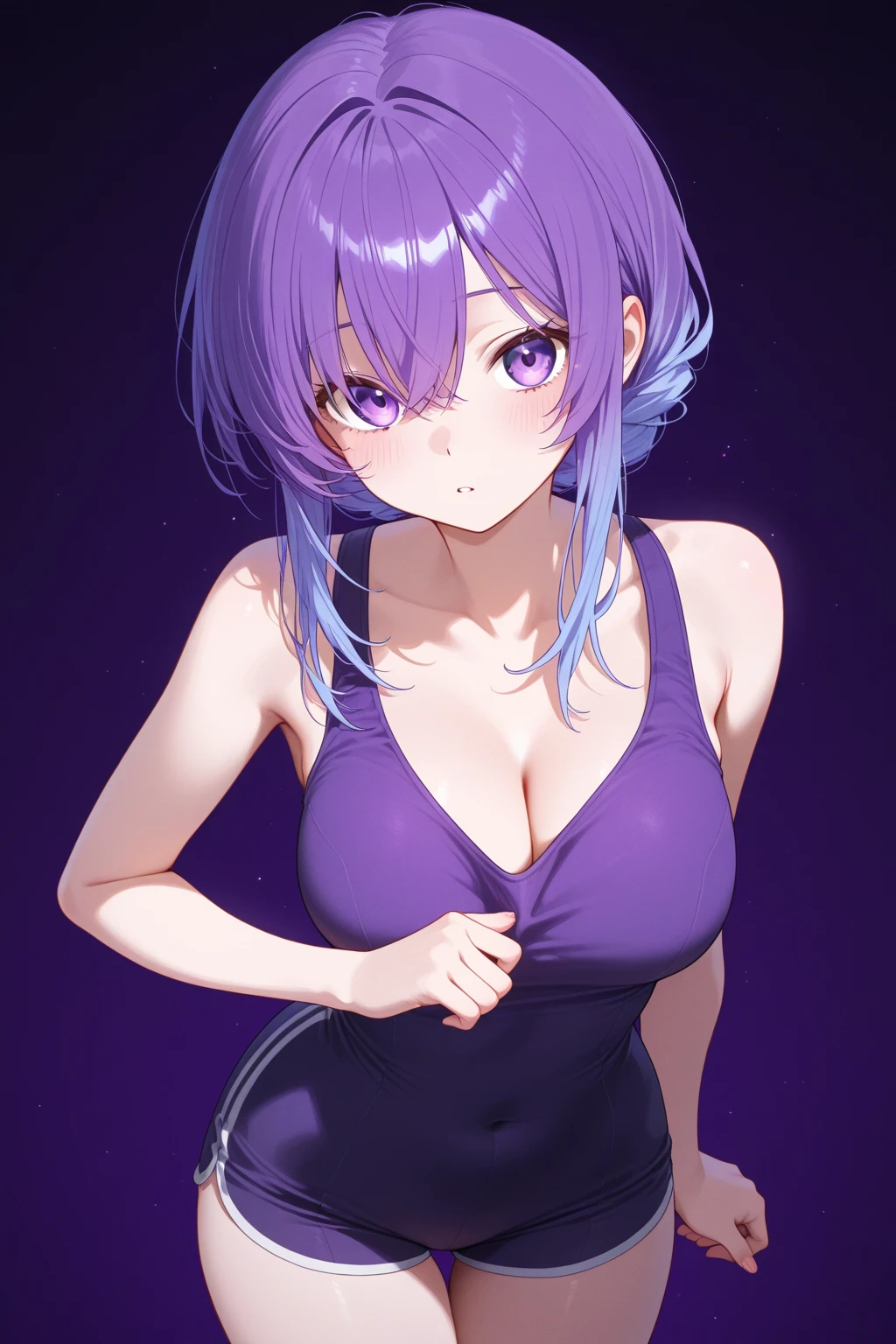 1 girl,Solo,long and shot hair,masterpiece, best quality, very aesthetic, absurdres,arms,face,hands,purple and blue,two tone color,v_arms,breasts,hand_between_legs,Bikini,Cleavage,medium hair,side-tie_bikini_bottom,
