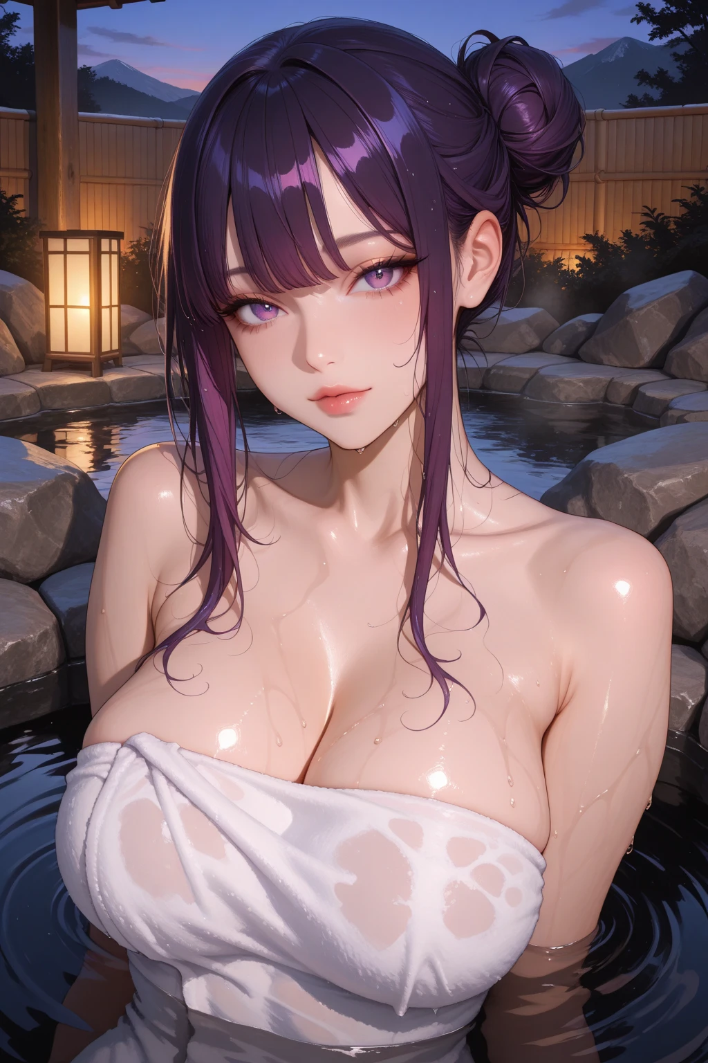Melty Q Melromarc. woman 30 years old shiny wavy blue hair, ojos violetas detallados, sonrisa coqueta, rubor, pechos grandes, desnuda, pechos desnuda, She is bathing naked in hot springs at night, aguas termales, cuerpo mojado,