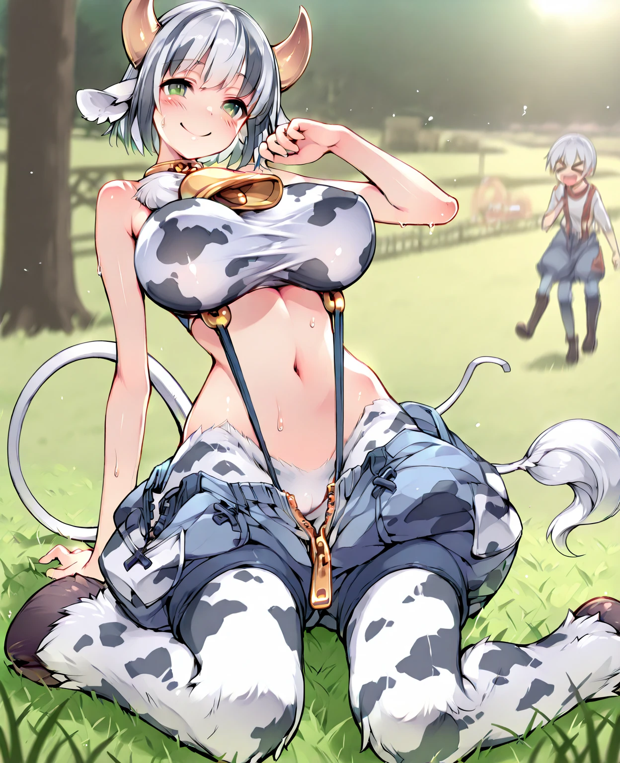 masutepiece, Best Quality, hight resolution, penny,Large breasts, bikini of, cow print, Neck bell, Bare shoulders, cow ears, tussock, field, fence, all-fours, Wavy mouth,taur,