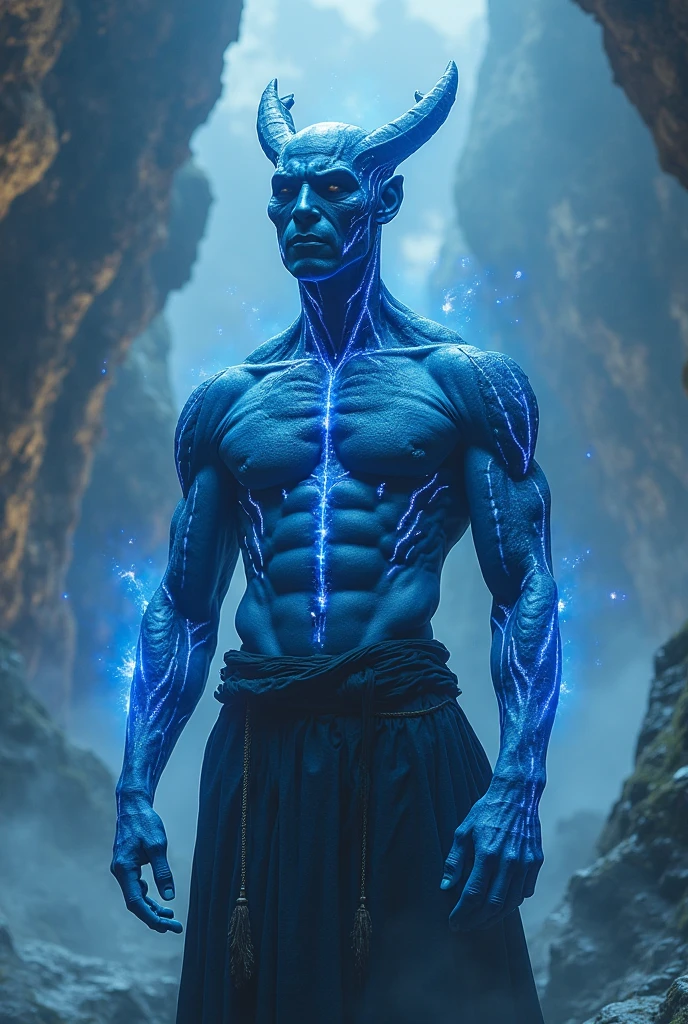 A muscular man with bright white eyes,that he has blue pants and a yellow shirt,blue hair and a yellow streak,and that it is in a foggy forest and that the eyes are noticeable and the skin is almost white