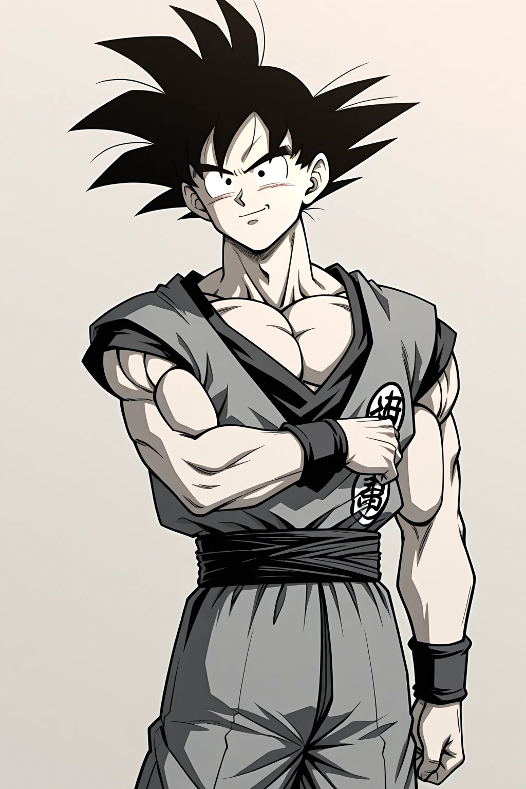 son goku, 1boy, closed mouth, male focus, muscular, muscular male, rock, sash, serious, solo, spiked hair, topless male, torn clothes, ultra instinct, black eyes, black hair, ((masterpiece))