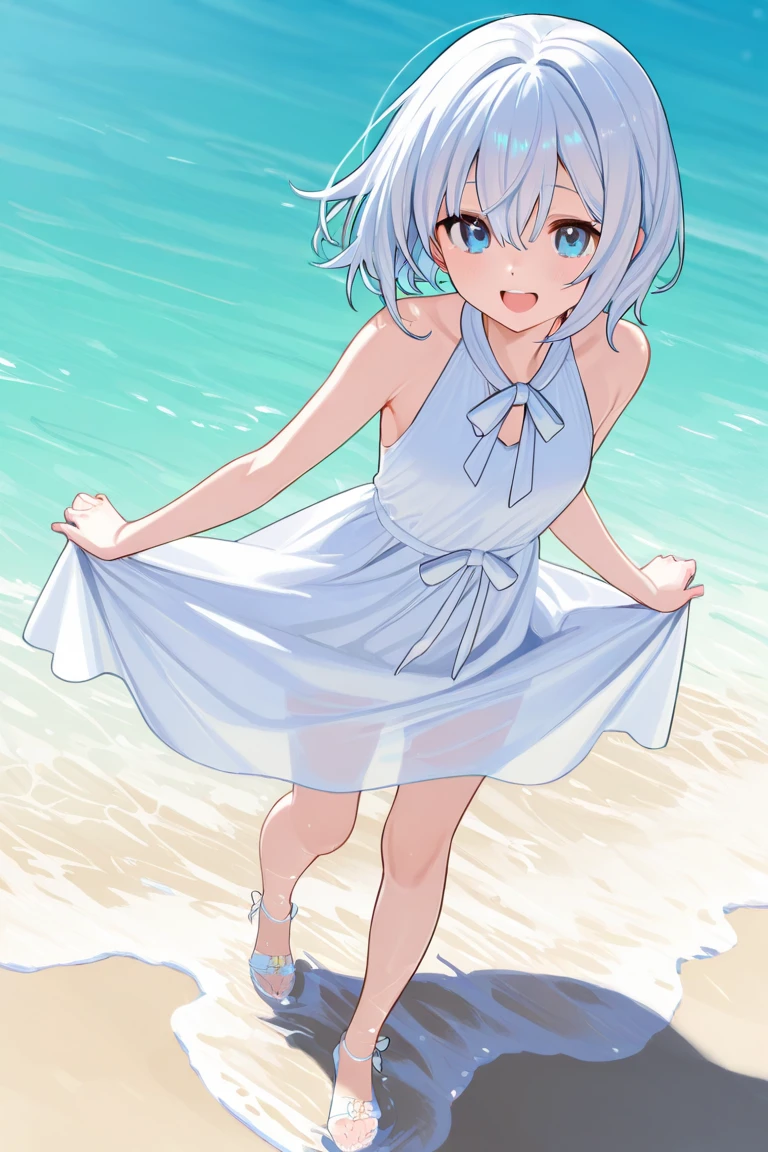 (anime artwork, anime style, studio anime, very detailed, up to date, vibrant, Anime Coloring, high contrast, masterpiece:1.2, best quality, best aesthetics),1 girl,hug from behind,swim suits, Medium chest,random hair, One eye is hidden by the bangs, perfect proportions, high detail skin, Cute, detailed faces,beach, precise fingers,curvy,adjusting swim suits, from behind, looking back,