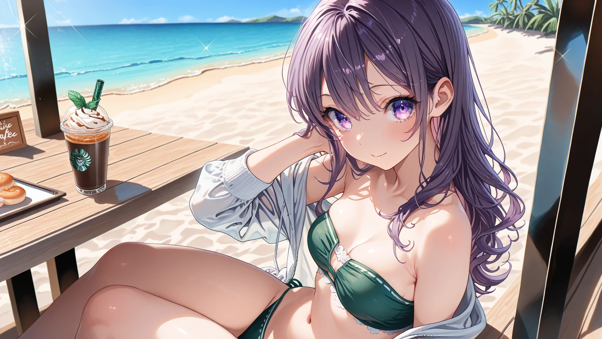 (highest quality:1.2, Very detailed, up to date, Vibrant, Ultra-high resolution, High Contrast, masterpiece:1.2, highest quality, Best aesthetics), Portraiture、girl, solo, 20-years-old, slim, , heterrochromia, green eye, red eye, Bright colors、Beautiful fine details、Beautiful lip detail、extra short hair, ((bob cut:1.5))、pink and purple ((streaked hair:1.9)), (highlights hair: 1.6), ((medium breast:1.4), (tan skin:0.7), (Aztec-inspired-bikini:1.4), beautiful beach, day, (sun shine), blue sky、Resolute expression, (full body:1), smile, (lying on the sandy beach:1), on side