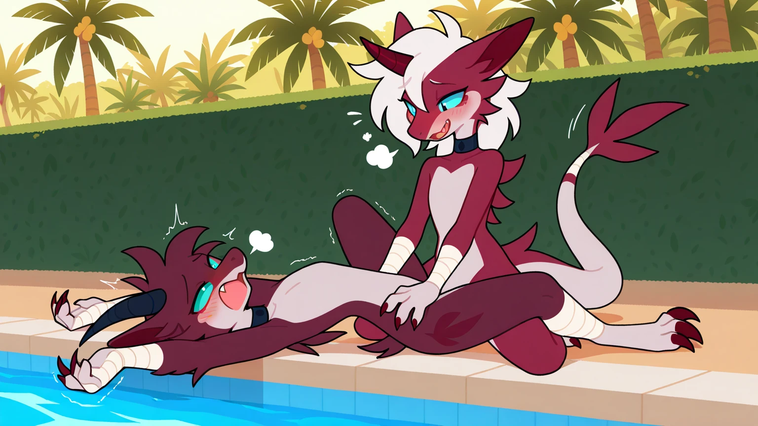 score_9, score_8_up, BREAK, source_anime, uncensored, perfect body, slim, thigh highs, fingerless gloves,
anthro, furry, pose, sexy,
Loona \(Helluva Boss\), NSFW, nude, passionate sex, moaning, back to viewer, head back, tongue out, anthro male maned wolf with long spiked white hair, highlighter yellow penis, blushing, vaginal, in pool, bikini floating in water