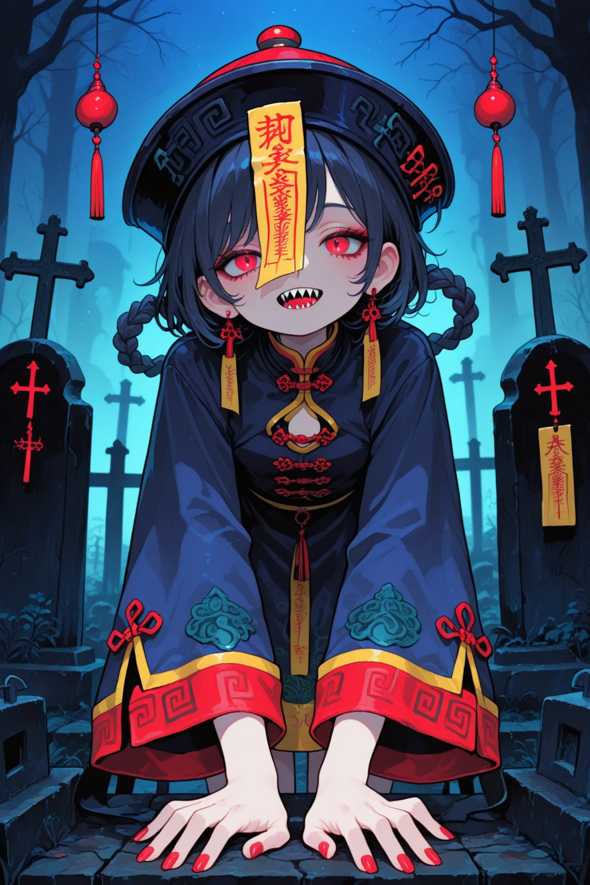 Photorealistic、Cute horror fantasy、Chibi Girl Doll（Devil Cosplay、Wicked Smile、Sagging under the eyes、Long eyebrows、Long nails、Orange eyes、Wear a long, big cloak） BREAK ,background(Musical notes around the doll, (dead tree:1.3), in the forest,shadow　the cardboard\(Bat,Skeleton,Crow\)\)