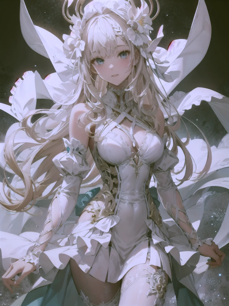 A majestic and ethereal female figure standing in a celestial realm, embodying the essence of a False God. She exudes an aura of deceptive beauty and overwhelming power. Her appearance is divine yet subtly unsettling, with an alluring elegance that hides her chaotic and malevolent nature. She wears flowing robes adorned with intricate golden patterns, glowing faintly against the backdrop of a dark, starry sky. Her skin is porcelain white, with shimmering accents of red and gold. Her eyes are piercing, with an intense, otherworldly glow, reflecting her god-like status. She holds a radiant staff or orb, pulsing with corrupt energy, as if she commands the forces of the universe. Around her, faint illusions of paradise and hidden terrors blend seamlessly, hinting at her deceptive nature. The color palette should focus on black, white, red, and gold, with a contrast between light and dark elements to emphasize her dual nature as both a goddess and a deceiver. The environment should be a blend of cosmic and divine architecture, with floating structures and celestial bodies orbiting around her, enhancing her aura of false divinity.

