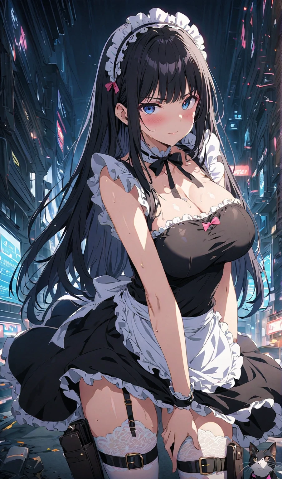 Anime Girl, black hairr,White dress, city at night, high-res, Ultra Sharp, master-piece, Look at the audience. MILK CUP G See it in full
