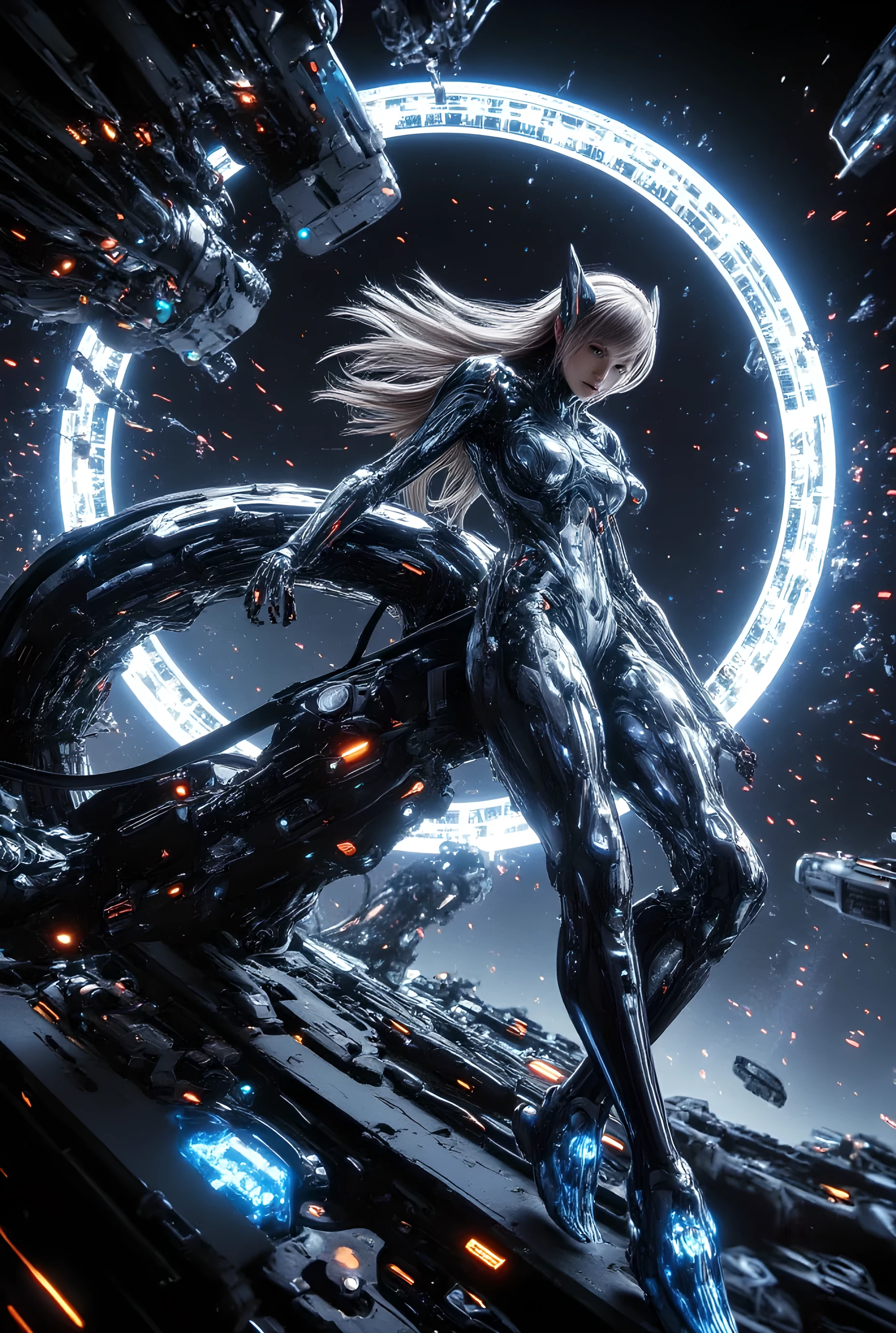 overall":"award winning color photo of a alluring beautiful woman in futuristic hightech pilot suit with a massive size mecha robot behind her by Yoshitaka Amano, Yoji Shinkawa, Amy Judd and Edward Weston,in heroic battle theme", "setting": "The theme is that of space robotics and technology, the camera captures the image with a extreme low-angle view in a dynamic pose, the woman, exudes lethality, in the background the cityscape is curved upwards into distance until viewer seems to be looking at the city from above, the bending city is reminiscent of the movie inception, the city is not on a planet but built on the inner circle of a giant ring shape structure in space,, dark sombre colors, brooding and ominous,", "subject": "medium shot of the beautiful woman as she looks on into the distance with heroic steely eyes with fierce determination, her hair bellowing like its blown by a mystic wind giving a sense of motion, the stunning woman is wearing skin tight plastic chainlink silver armour with (black accents:1.2), long hair blown by the wind, her long hair trailing across the image in a dramatic manner, the plastic armor has see-through parts, high leg design showing lots of skin, she is holding a heavy proton blaster rifle, cybernetic implants, her armor is skin tight hugging her feminine figure emphasising her curves, her body language and facial expression is intense and combat ready, various hitech gadgets adorn her body, the gadgets are small advanced technology and integrated cybernetically, the image is extremely sexy and sensual, her striking red lips stand out in the image adding to the sensuality, the composition and quality is like a photo in a high end fashion magazine, the giant mecha behind her looms over her like a protective guardian angel, only the upper body of the mecha is visible behind her, the mecha is battle worn and mainly cold hard steel with intricate mechanical detail and energy laced circuitry that give a feeling of incredibly advanced