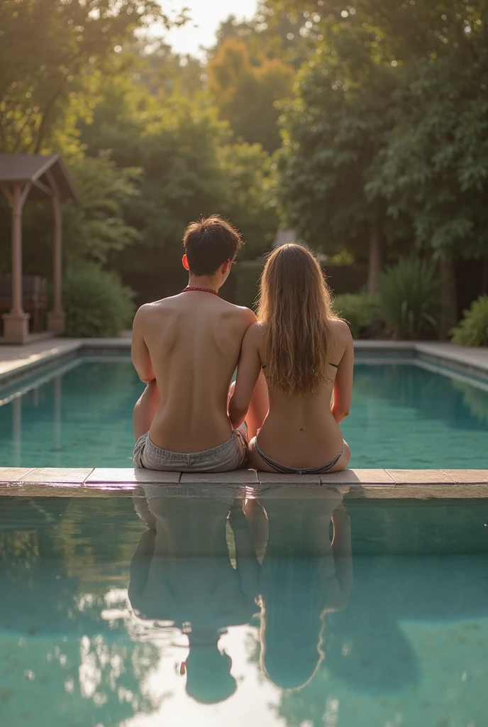 A couple of 13-year-old lovers, the same height, with slender bodies, naked and embracing, with the girl's breasts under the boy's strong chest and in a forest of ferns with a blue sky and white clouds in the background, with bare feet under the thin grass. They are in a loving and intimate pose and with a look of pleasure. They are sensually embraced, with the girl's breasts under the boy's strong chest and completely naked and barefoot under the thin grass, standing with their entire body from head to toe bare and in a forest of ferns with a blue sky with white clouds to the side. bottom. The boy must have an erect penis and a muscular chest. and the girl must have a vagina. The boy and girl must have a slender body and the same height. The boy and girl must be completely naked and hugging each other. Emphasize that the couple has the same height.