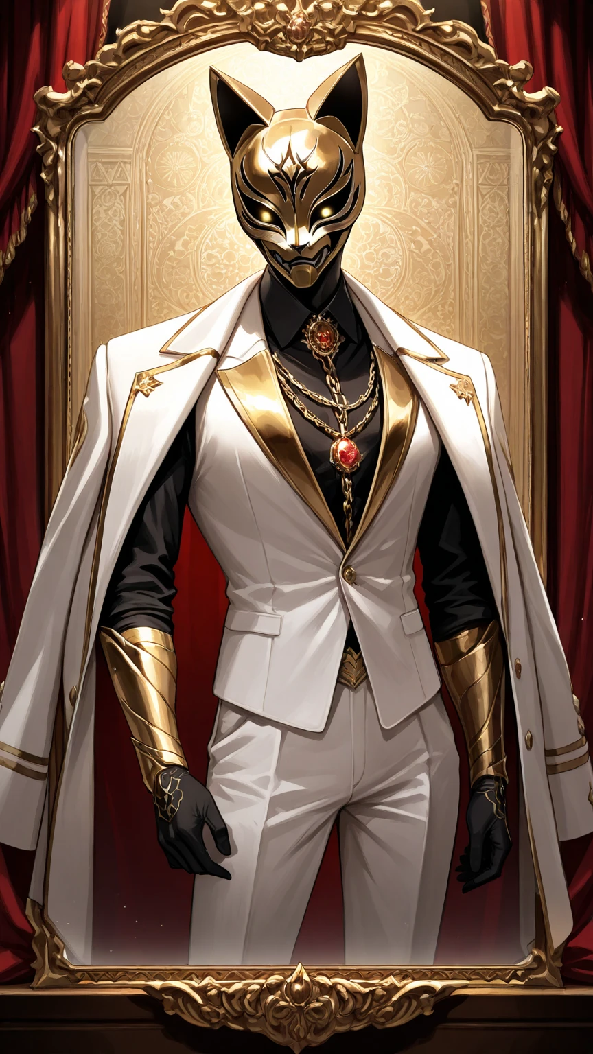 Comic-style art of a black man in his 50s with wavy, long, completely white hair, yellow irises, wearing classic and elegant clothes in white and gold. He uses a white cane decorated with gold and which has a bird skull on the tip, which is also made of gold. This man is a little thin, has wrinkles but not many, wears a lot of gold accessories, He is almost always smiling and is of Italian origin. He is a fashion designer and is based on the creator of Versace