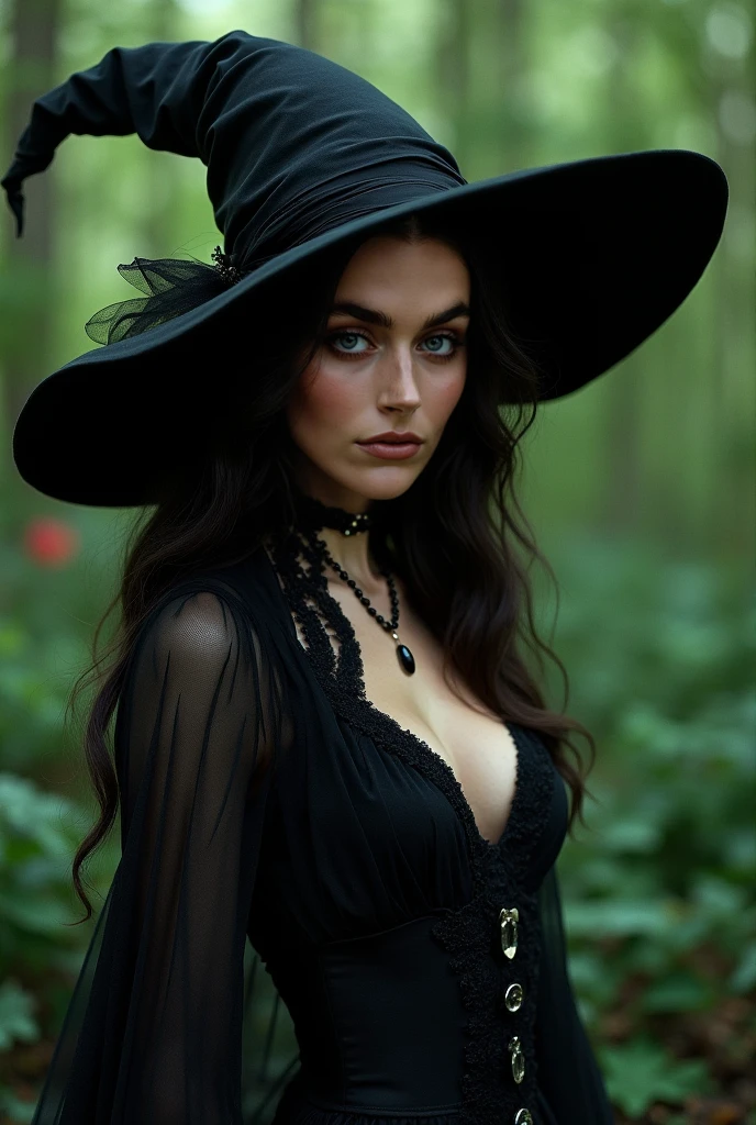 a beautiful woman WITCH WITH A hat and Forest and amazing flowers the Style-RustMagic, Aum, (atmosfera escura:1.2), (Mist & smoke), (noite escura:1.3), Cicatrizes, (shaggy medium length dark hair:1.1), (sombra:1.1), (brilho lindamente detalhado:1.2), (cinematic lighting), detalhe intrincado, high resolution,