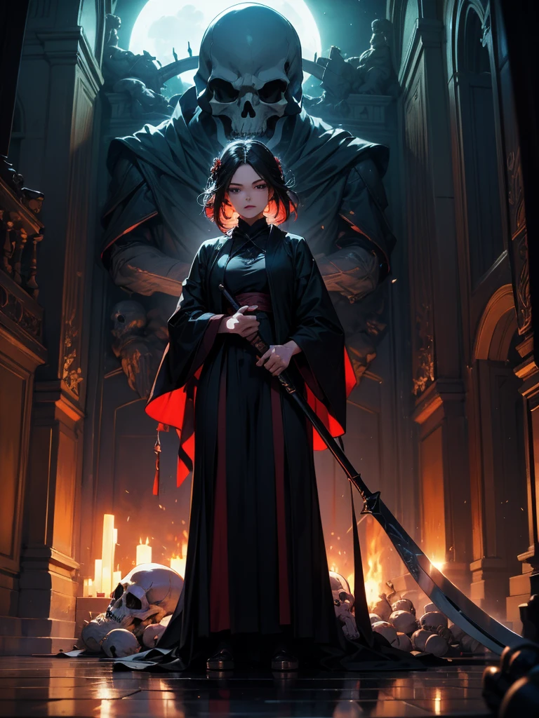 Anime style. Full body imagery of a Beautiful, evil cult leader with brown hair tied in a bun. Dark red lips curled up into a smile. Black blood stained robes tight against her perfect body. A bloody dagger in her hand as she completes another ritual sacrifice of a baby. In a dark temple with a bloody sacrificial altar.