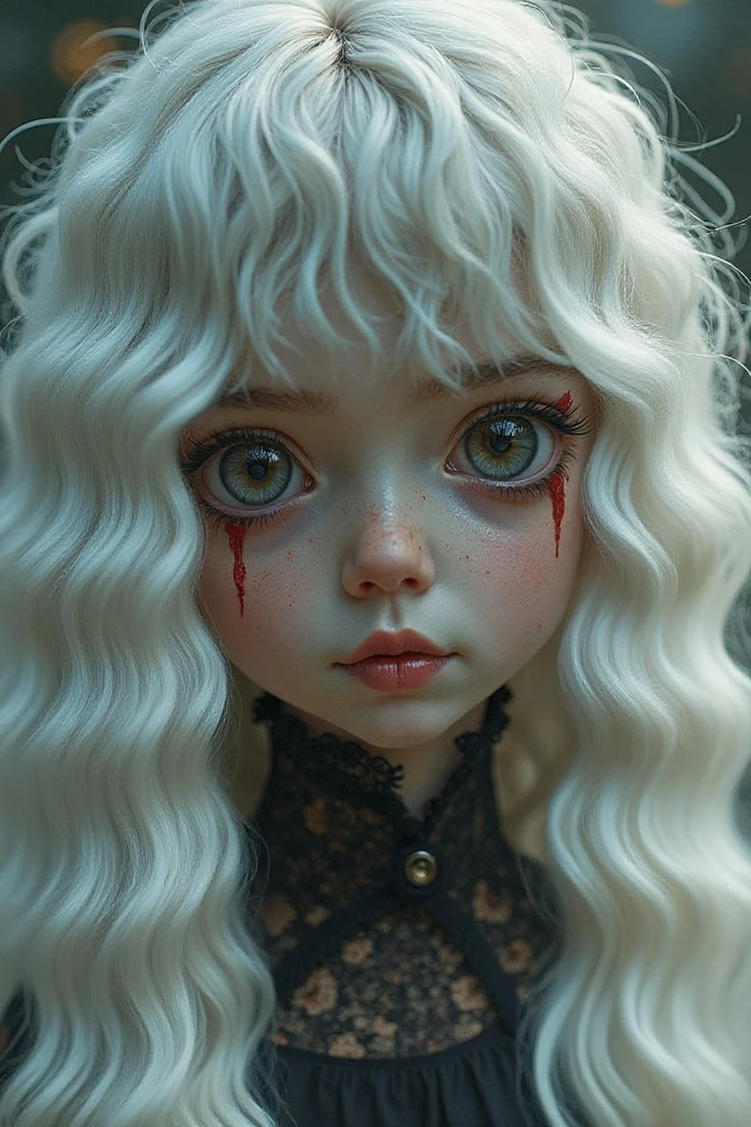 of a real，Perfect facial features，Realistic skin texture，Cute baby vampire girl，closeup cleavage，head portrait，with her mouth open，（See the throat：1.4），Blood-red eyes，（long canine teeth：1.4），There is blood on the teeth，long whitr hair，（blood stains at the corners of the mouth：1.4），Blood，depth of fields，dynamic blur，high light，Real light，Ray traching，oc rendered，Hyper-realistic，best qualtiy，8K，Works of masters，super-fine，Detailed pubic hair，Correct anatomy，sharp focus on eyes，Bokeh，Facial features are carefully depicted