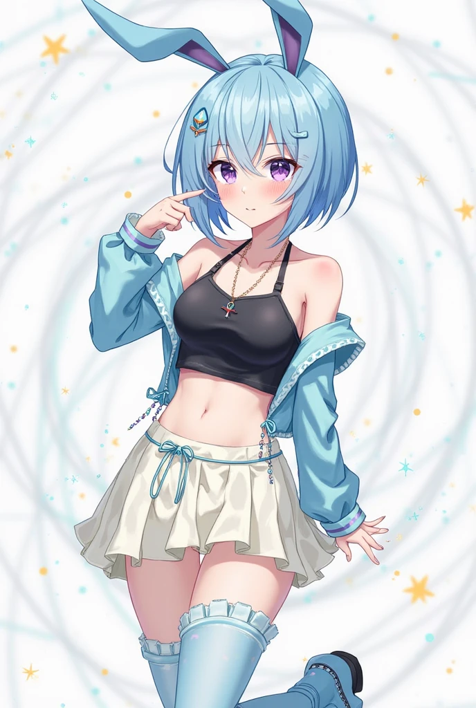high resolution,smile,woman,woman1人,adult,cute,Short Bob Hair,Purple hair,Light blue eyes,Black T-shirt,Black shorts,Piercing,Black choker, Background white,Simple background,Touch your hair with your hands,