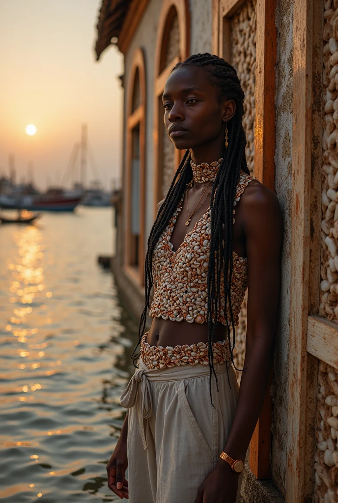 ((fashion photography)), perfect face, perfect eyes, (medium full shot) of (desirable pirate) young woman, african, dark skin, black eyes, Medium, dark hair, wearing loose-fitting shirt, patterned trousers with a wide waistband and drawstring closure, leather tricorn hat with a feather, leather boots, wooden leg, in a rowboat, calm seas and gentle breezes , at sunset, laughing, squatting, masterpiece, best quality, photorealistic, very aesthetic