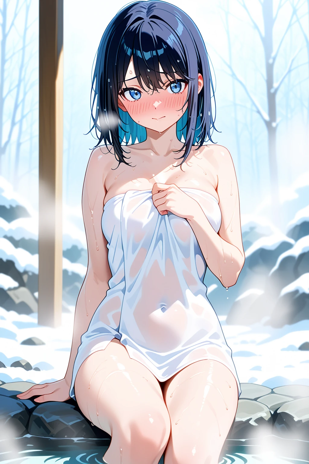 1girl, solo, short hair, blue eyes, black hair, bob cut,, empty eyes , large breasts, nipple, Running, , Heavy snowfall area frozen (Sweating profusely, Love juice, Wet Woman, female ejaculation) crying mountain , solo, , crying, Naked, Peeing, lactation, projectile lactation