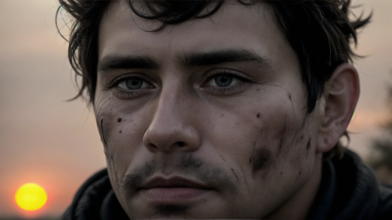 cinematic portrait of wounded action hero