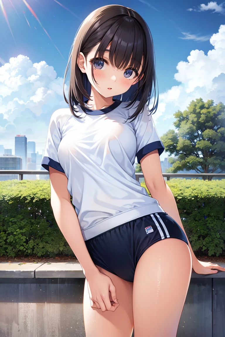 masterpiece, best quality, highres, aanene, short hair, buruma,gym uniform, standing, cowboy shot, outdoors, ahegao,nsfw,