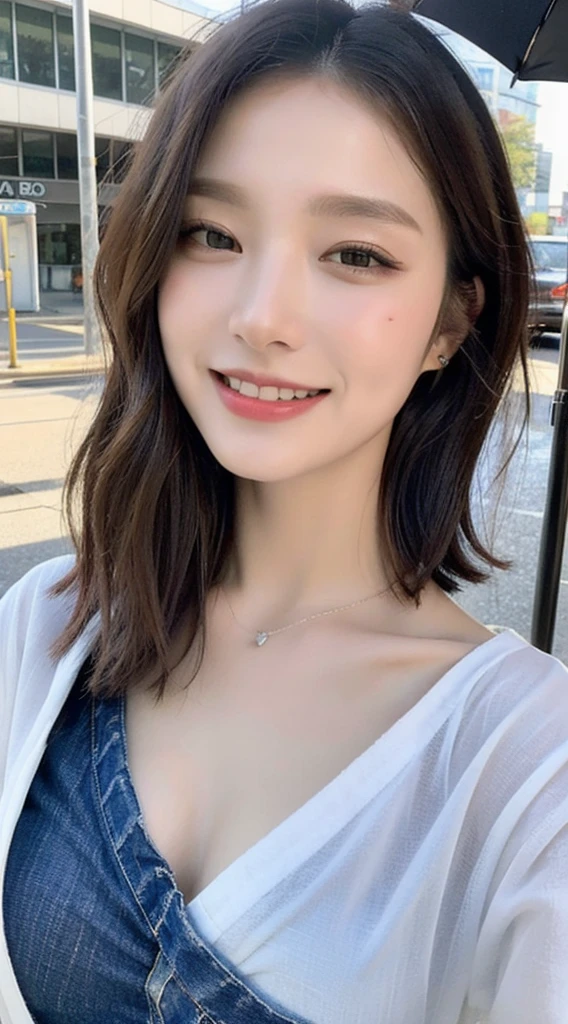 ((Best quality, 8k, Masterpiece :1.3)), 1girl, beautiful woman with emphasis on slim abs: 1.3, (casual hairstyle, big breasts: 1.2), casual wear: 1.2, interior, ultra-detailed face, delicate eyes, double eyelids, soft breasts, smile, exposed cleavage