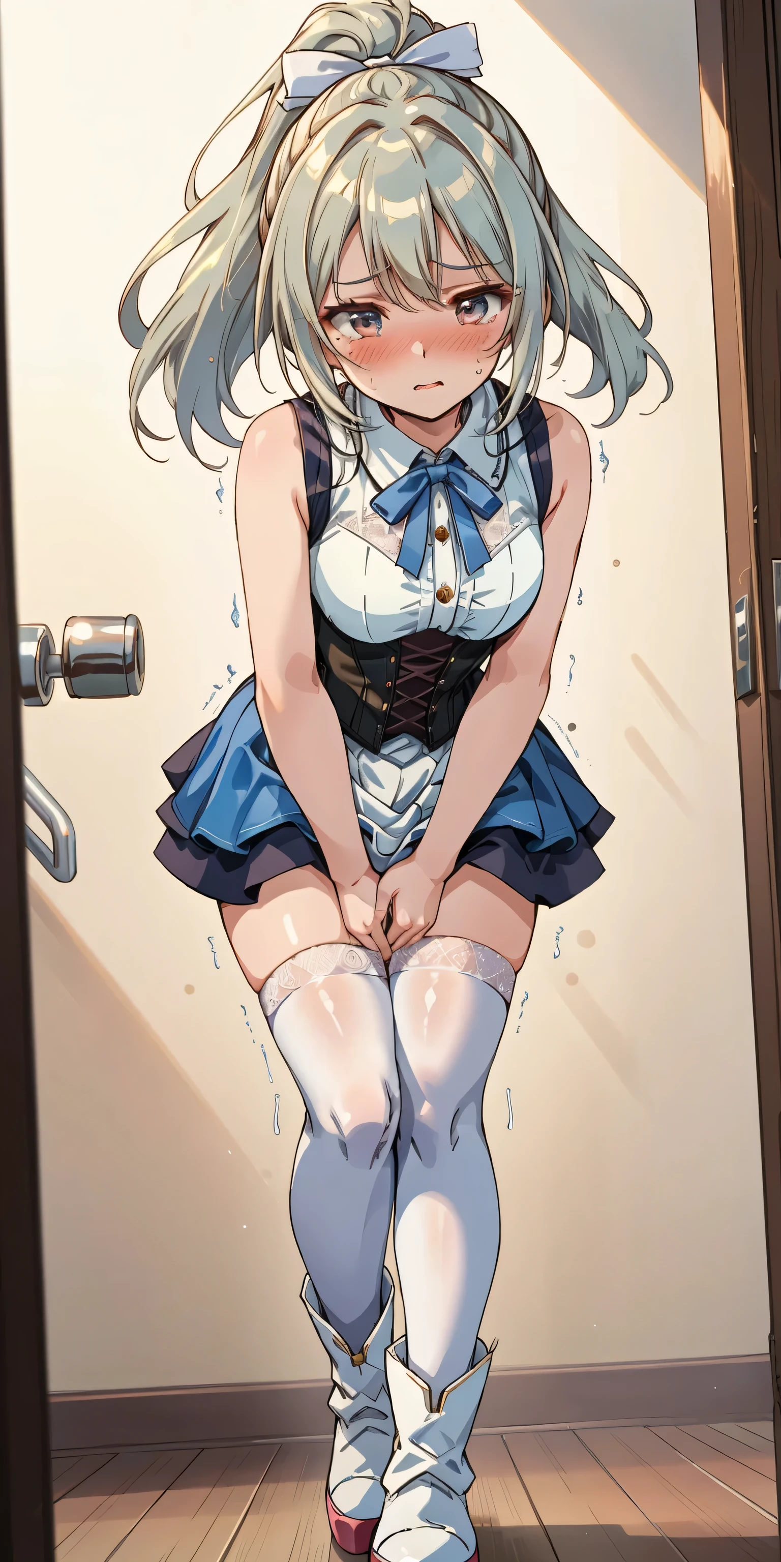 One Girl、solo、masterpiece、Highest quality、KashimaAND、Kashima\(Kantai Collection\)、Gray Hair、blue eyes、Wavy Hair、Twin tails、Oblique eye、beret、Laughter、Embarrassing、blush、huge 、Black enamel、Bodysuits、High leg、Black knee-high socks、Brown Loafers、Squat on the floor、Open your legs wide to the left and right、Spread your legs、Show your crotch to the camera、Looking into the camera、Arms behind head、Show off your armpits、Grab a transparent rod resembling a penis with your fingers、Please open your mouth wide、Entwining the tongue with a transparent rod like male genitalia、Ship deck、close your eyes, Tears in the eyes、Open your mouth, What saliva leaves behind, Wet skirt hem, Sticky panties, Bulging of the vibrator cord, Vibrator with Garters