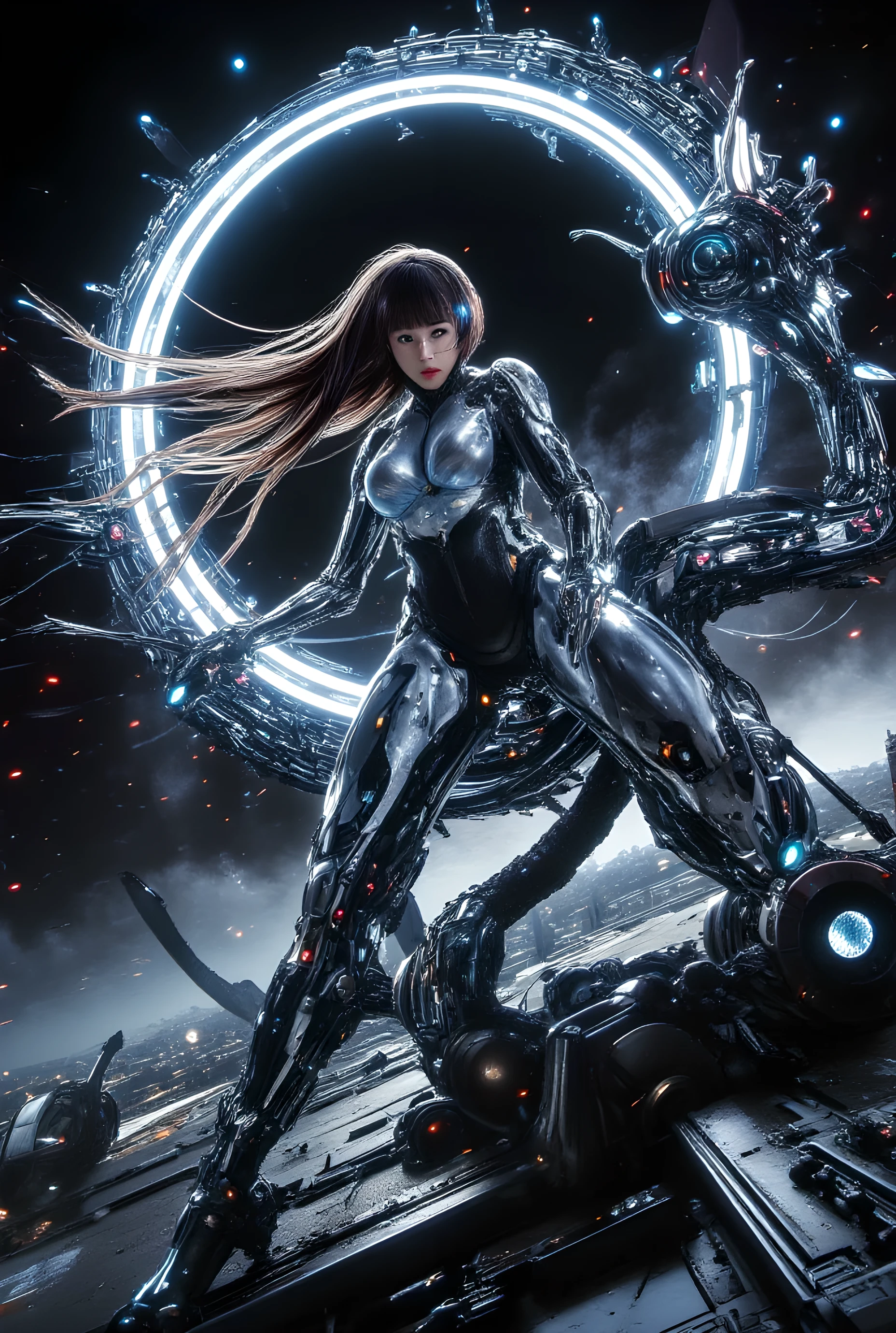 overall":"award winning color photo of a alluring beautiful woman in futuristic hightech pilot suit with a massive size mecha robot behind her by Yoshitaka Amano, Yoji Shinkawa, Amy Judd and Edward Weston,in heroic battle theme", "setting": "The theme is that of space robotics and technology, the camera captures the image with a extreme low-angle view in a dynamic pose, the woman, exudes lethality, in the background the cityscape is curved upwards into distance until viewer seems to be looking at the city from above, the bending city is reminiscent of the movie inception, the city is not on a planet but built on the inner circle of a giant ring shape structure in space,, dark sombre colors, brooding and ominous,", "subject": "medium shot of the beautiful woman as she looks on into the distance with heroic steely eyes with fierce determination, her hair bellowing like its blown by a mystic wind giving a sense of motion, the stunning woman is wearing skin tight plastic chainlink silver armour with (black accents:1.2), long hair blown by the wind, her long hair trailing across the image in a dramatic manner, the plastic armor has see-through parts, high leg design showing lots of skin, she is holding a heavy proton blaster rifle, cybernetic implants, her armor is skin tight hugging her feminine figure emphasising her curves, her body language and facial expression is intense and combat ready, various hitech gadgets adorn her body, the gadgets are small advanced technology and integrated cybernetically, the image is extremely sexy and sensual, her striking red lips stand out in the image adding to the sensuality, the composition and quality is like a photo in a high end fashion magazine, the giant mecha behind her looms over her like a protective guardian angel, only the upper body of the mecha is visible behind her, the mecha is battle worn and mainly cold hard steel with intricate mechanical detail and energy laced circuitry that give a feeling of incredibly advanced
