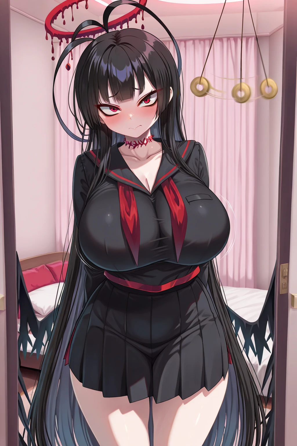Black hair, (naked:1.4), (wet see-through lingerie:1.3), (blushing face:1.4), (heart-shaped pupil:1.5), (sweaty:1.2), smiling, tongue out, ((g-cup)), (full body shot)), bedroom background