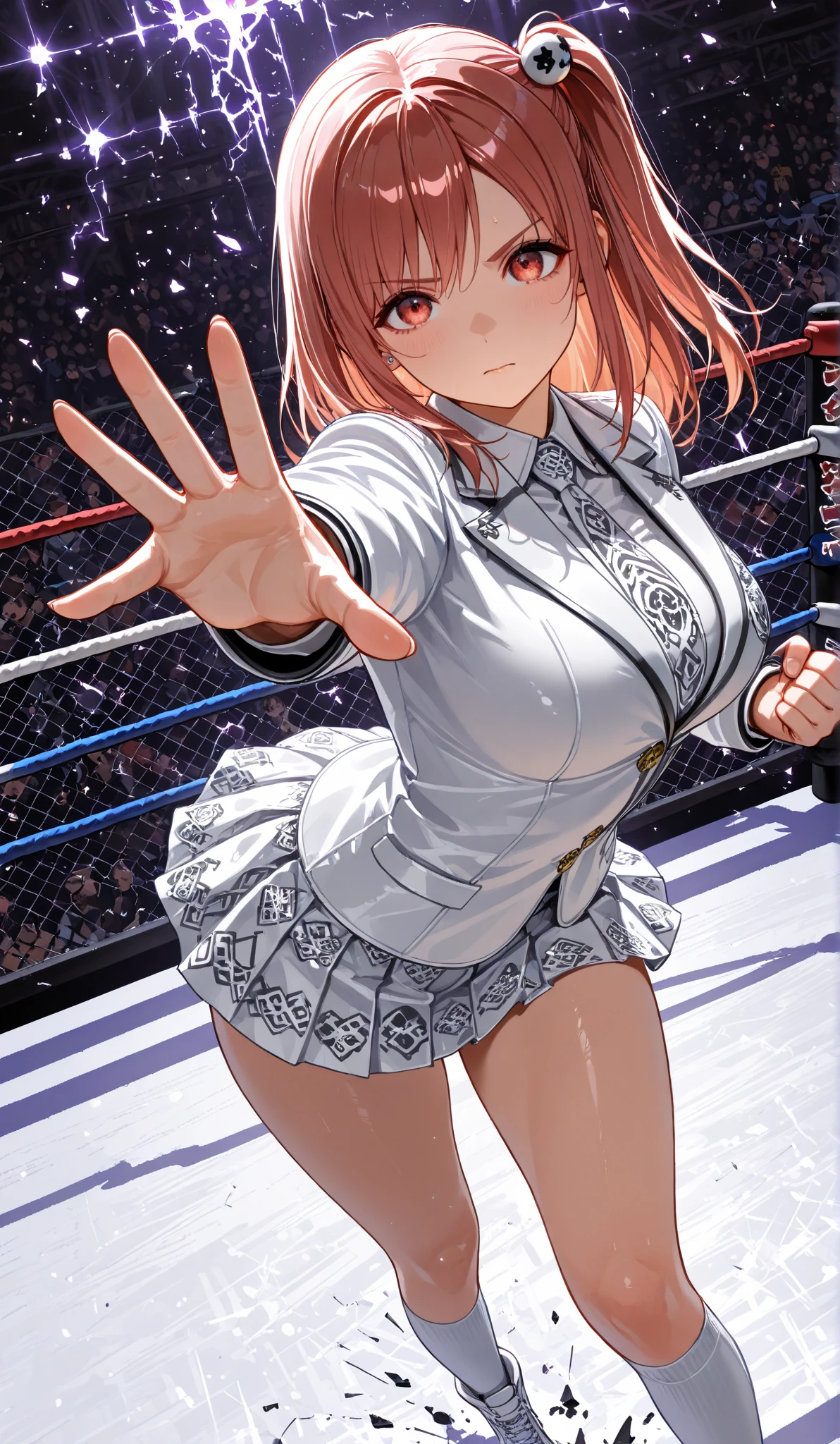 high quality, girl, Long black色的直发, Brown eyes, provocative,blush,Dressed as a nun, black,Wearing white boxing gloves, Hands in boxing gloves,Cleavage,nipple,Long legs,Back against the ring ropes